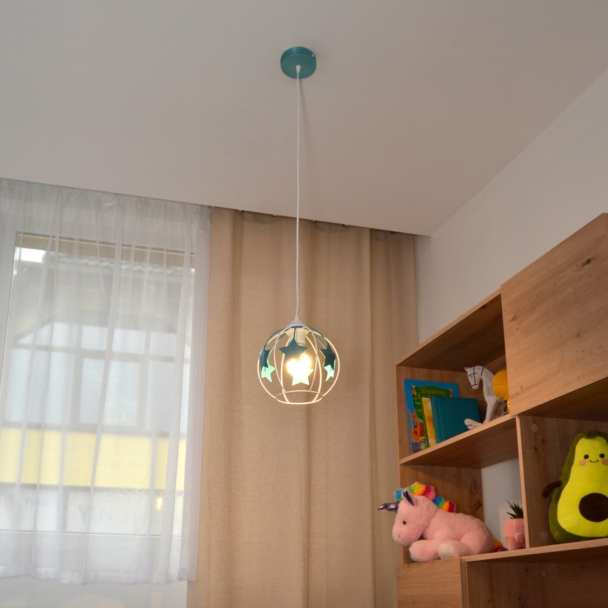 Candeeiro suspenso de criança STARS 1xE27/15W/230V turquesa/branco