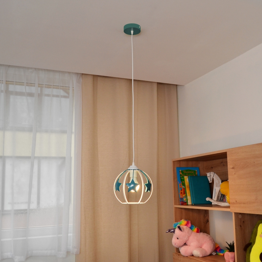 Candeeiro suspenso de criança STARS 1xE27/15W/230V turquesa/branco