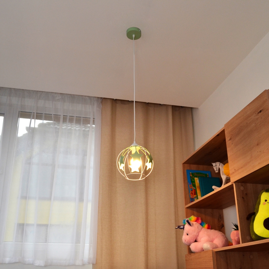 Candeeiro suspenso de criança STARS 1xE27/15W/230V verde/branco