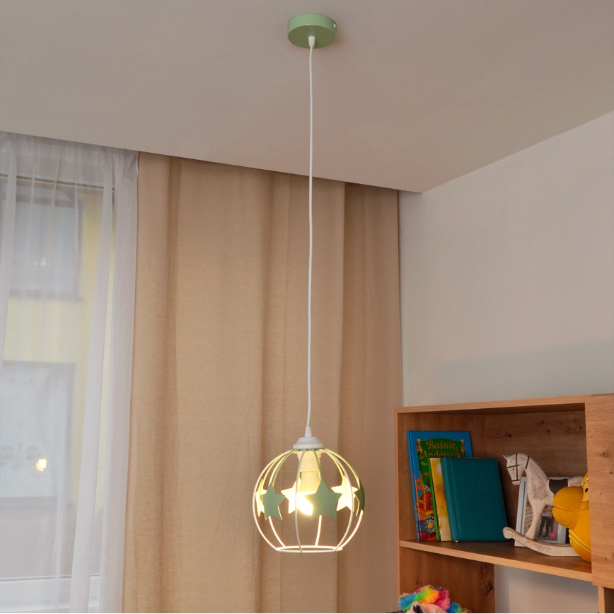 Candeeiro suspenso de criança STARS 1xE27/15W/230V verde/branco