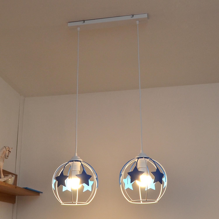 Candeeiro suspenso de criança STARS 2xE27/15W/230V azul/branco