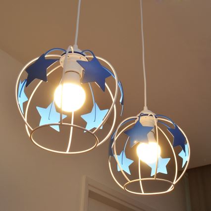 Candeeiro suspenso de criança STARS 2xE27/15W/230V azul/branco