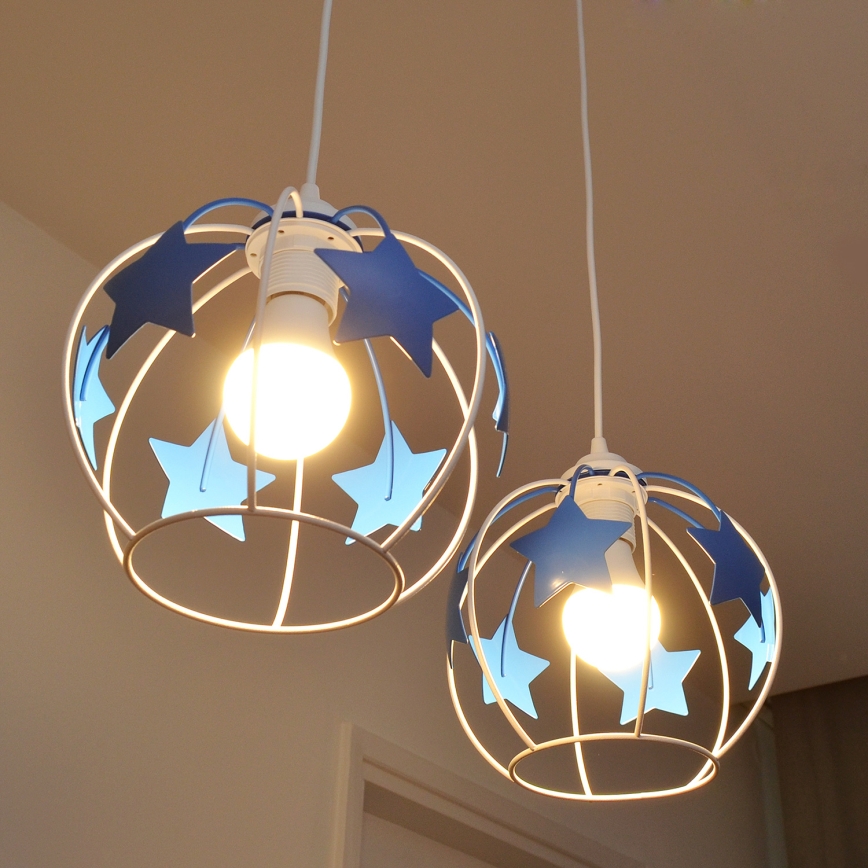 Candeeiro suspenso de criança STARS 2xE27/15W/230V azul/branco