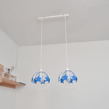 Candeeiro suspenso de criança STARS 2xE27/15W/230V azul/branco
