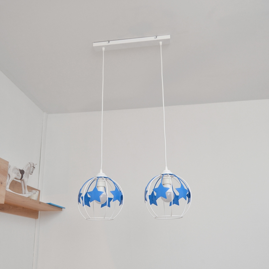 Candeeiro suspenso de criança STARS 2xE27/15W/230V azul/branco
