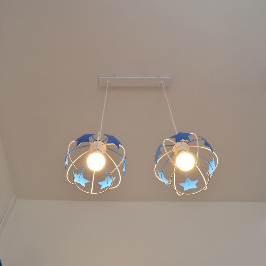 Candeeiro suspenso de criança STARS 2xE27/15W/230V azul/branco