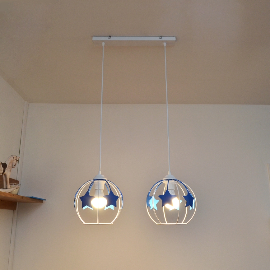 Candeeiro suspenso de criança STARS 2xE27/15W/230V azul/branco