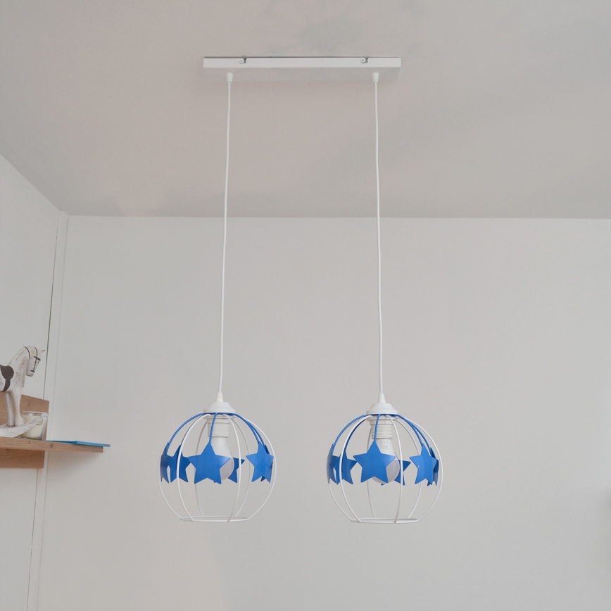 Candeeiro suspenso de criança STARS 2xE27/15W/230V azul/branco