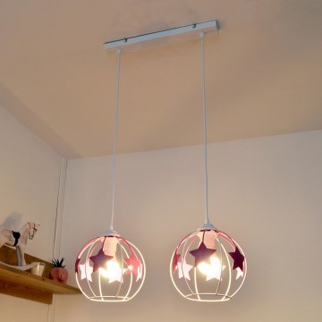 Candeeiro suspenso de criança STARS 2xE27/15W/230V rosa/branco