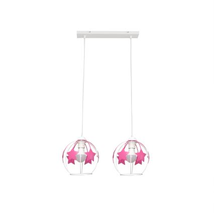 Candeeiro suspenso de criança STARS 2xE27/15W/230V rosa/branco