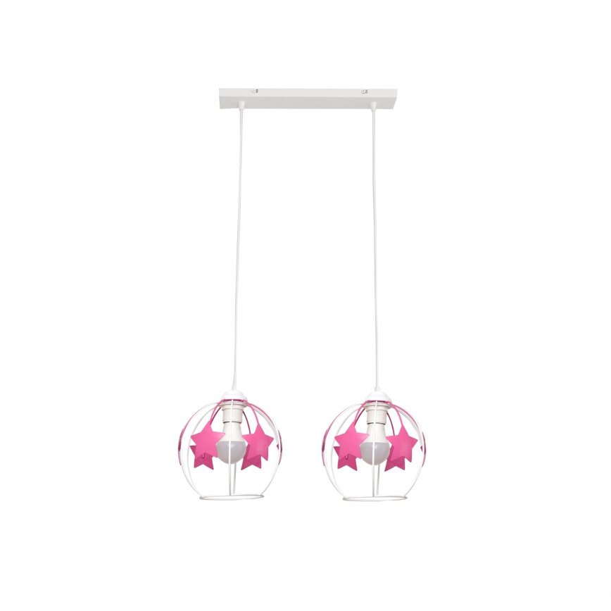 Candeeiro suspenso de criança STARS 2xE27/15W/230V rosa/branco