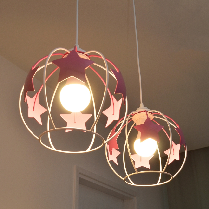 Candeeiro suspenso de criança STARS 2xE27/15W/230V rosa/branco