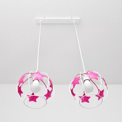 Candeeiro suspenso de criança STARS 2xE27/15W/230V rosa/branco