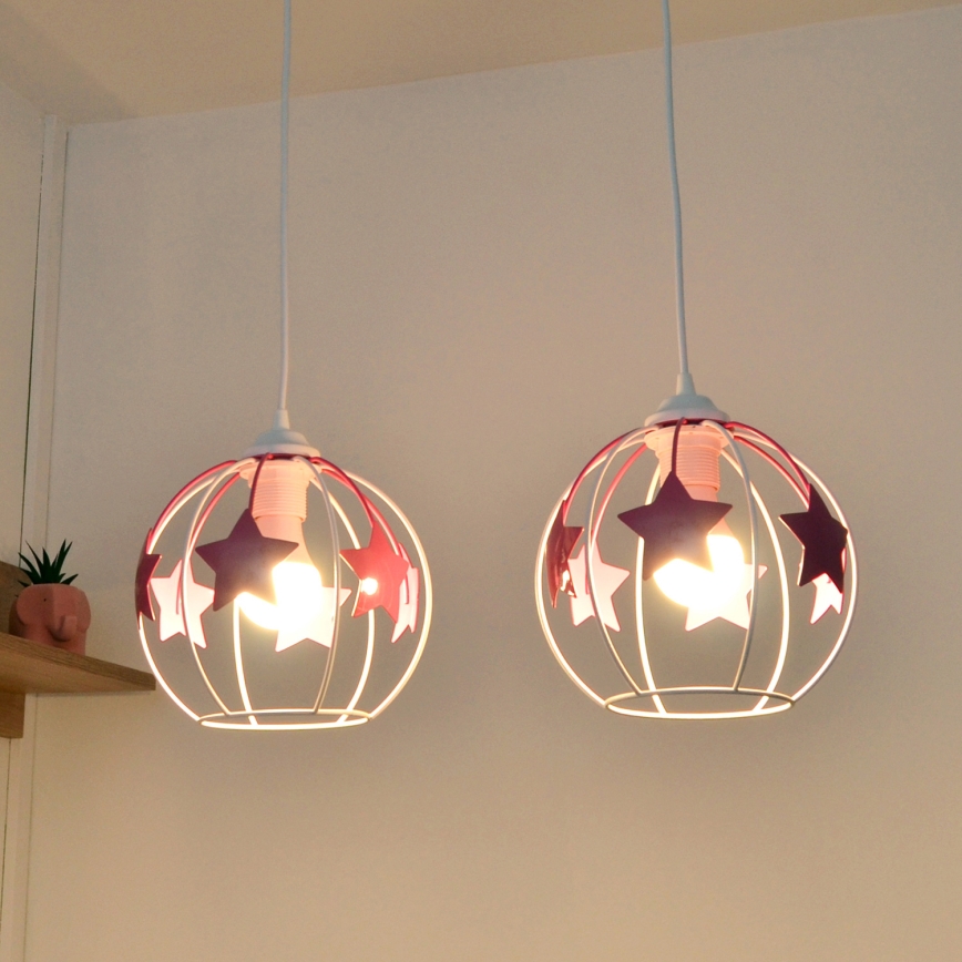 Candeeiro suspenso de criança STARS 2xE27/15W/230V rosa/branco