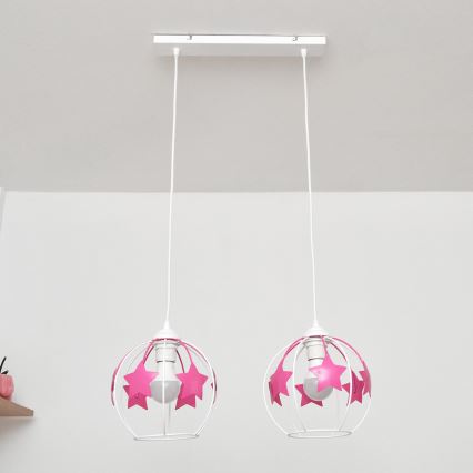 Candeeiro suspenso de criança STARS 2xE27/15W/230V rosa/branco