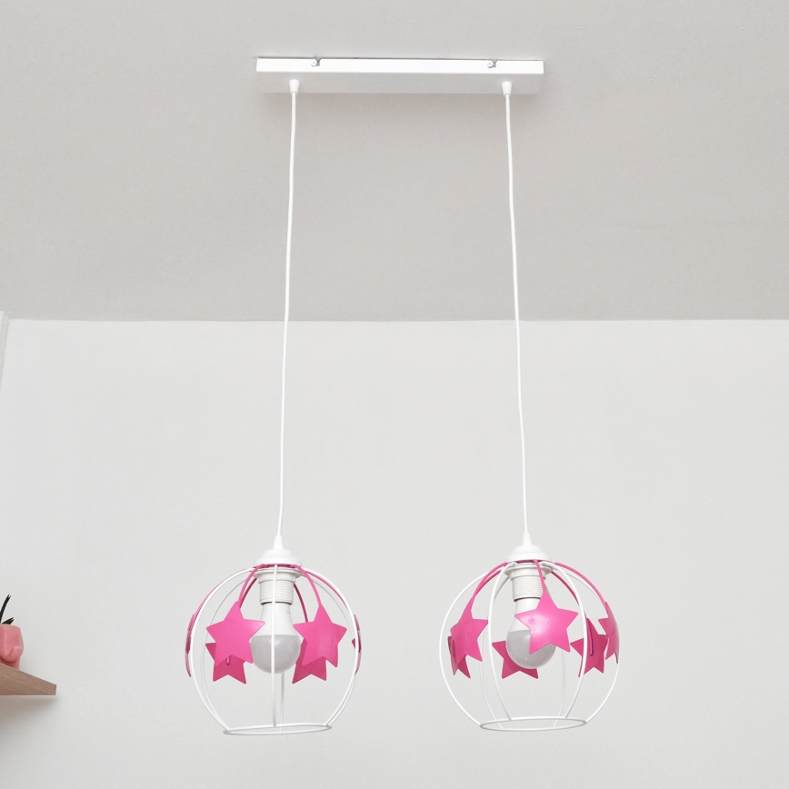 Candeeiro suspenso de criança STARS 2xE27/15W/230V rosa/branco
