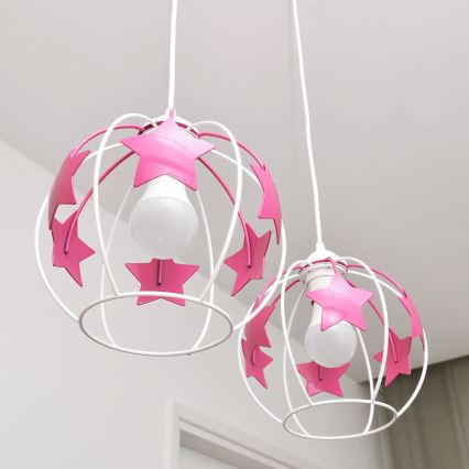 Candeeiro suspenso de criança STARS 2xE27/15W/230V rosa/branco