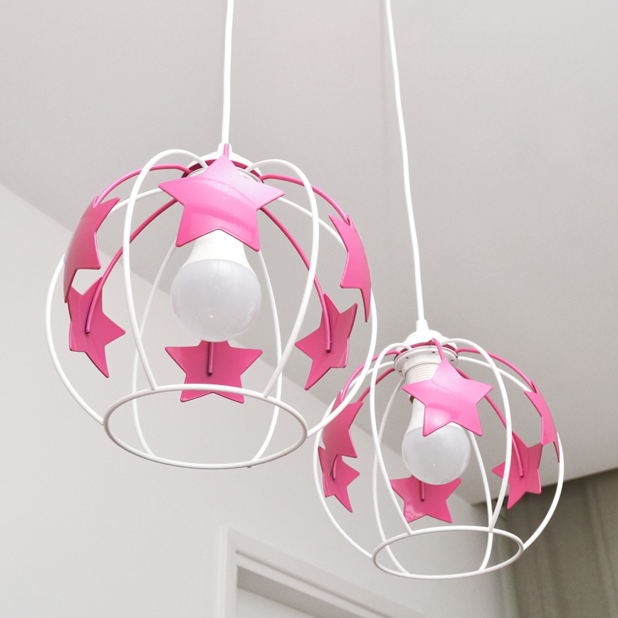 Candeeiro suspenso de criança STARS 2xE27/15W/230V rosa/branco