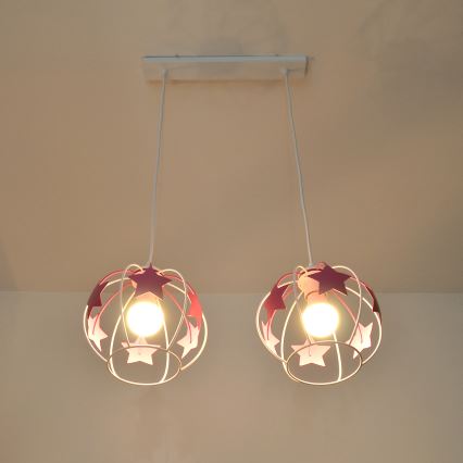 Candeeiro suspenso de criança STARS 2xE27/15W/230V rosa/branco