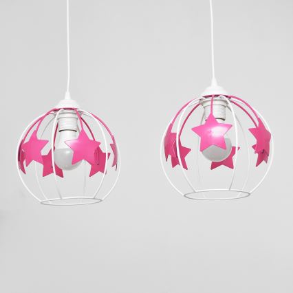 Candeeiro suspenso de criança STARS 2xE27/15W/230V rosa/branco