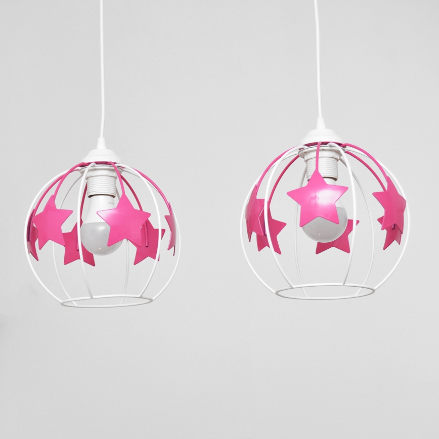 Candeeiro suspenso de criança STARS 2xE27/15W/230V rosa/branco