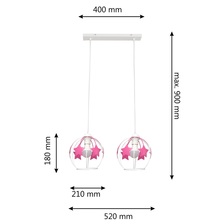 Candeeiro suspenso de criança STARS 2xE27/15W/230V rosa/branco