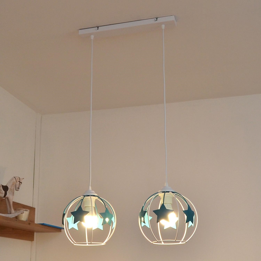 Candeeiro suspenso de criança STARS 2xE27/15W/230V turquesa/branco