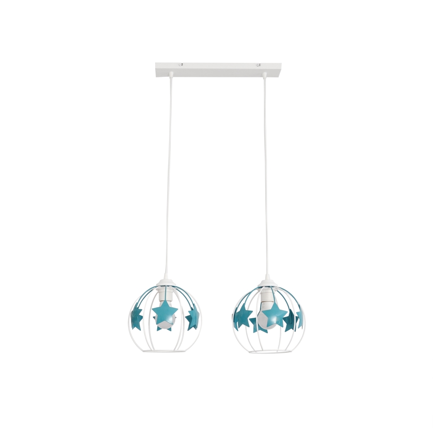 Candeeiro suspenso de criança STARS 2xE27/15W/230V turquesa/branco