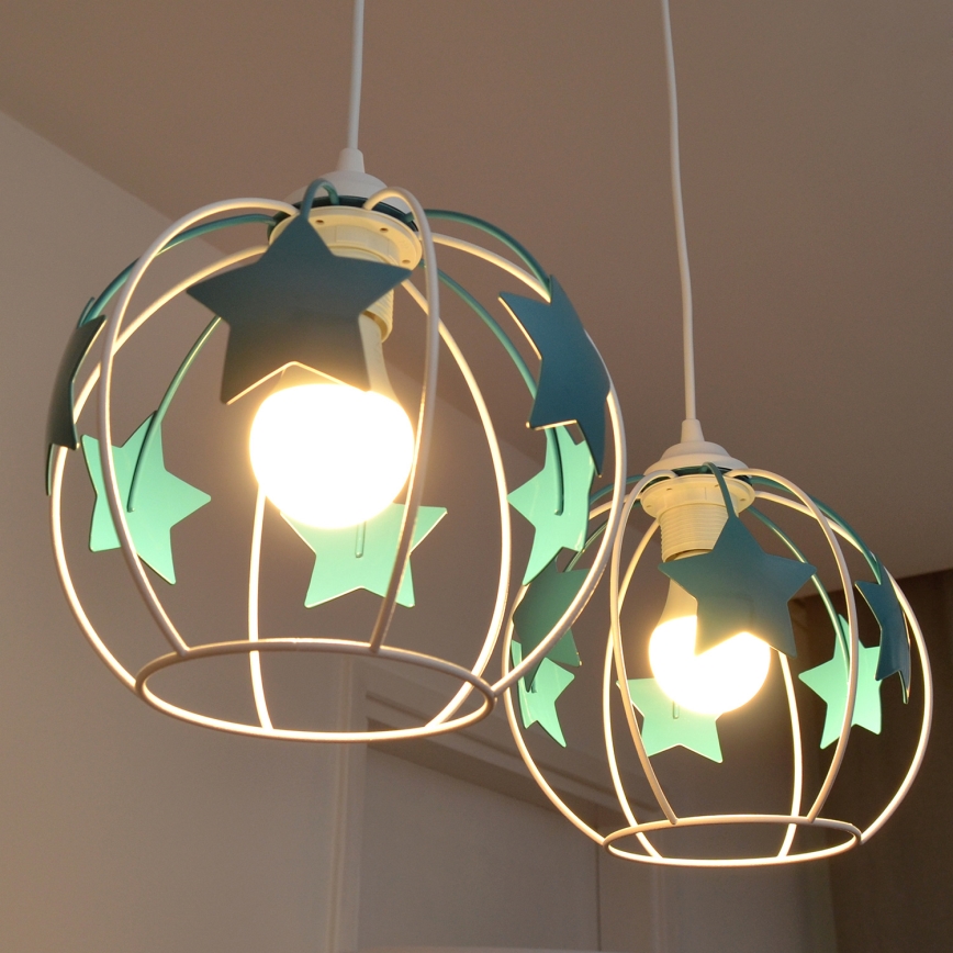 Candeeiro suspenso de criança STARS 2xE27/15W/230V turquesa/branco