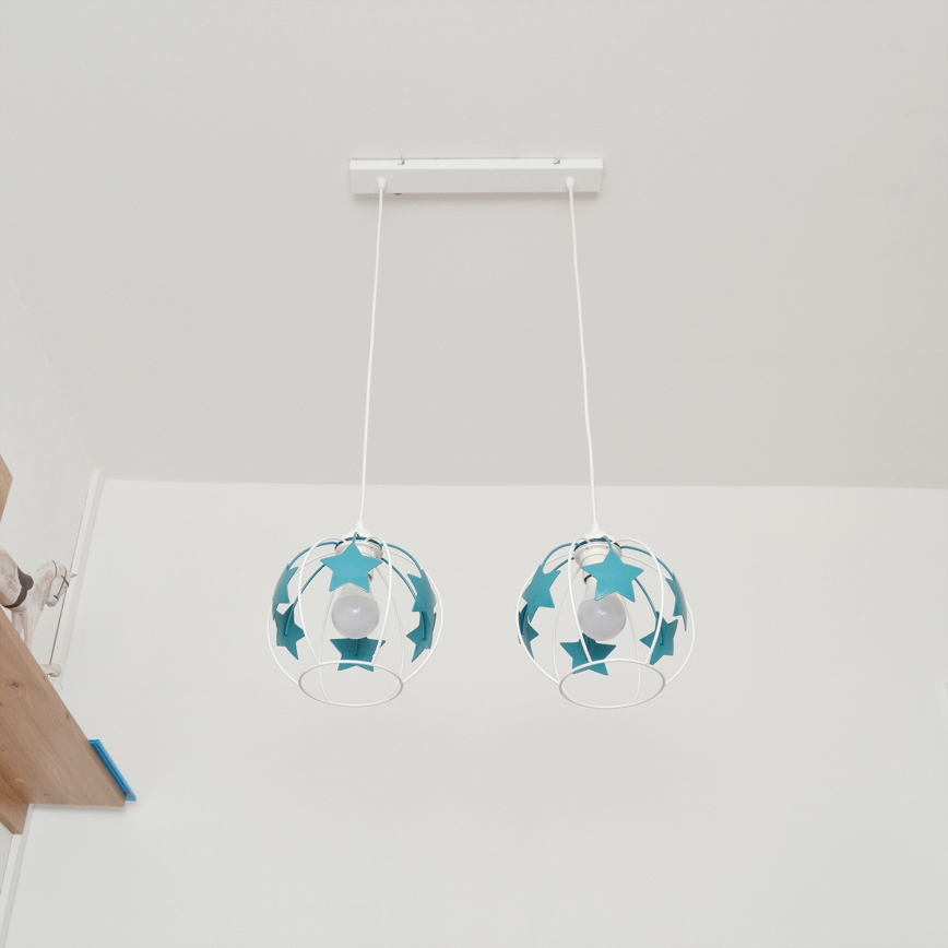 Candeeiro suspenso de criança STARS 2xE27/15W/230V turquesa/branco