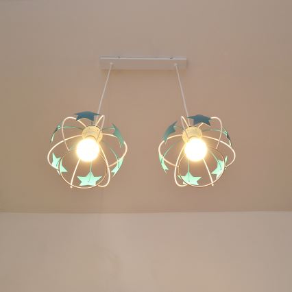 Candeeiro suspenso de criança STARS 2xE27/15W/230V turquesa/branco