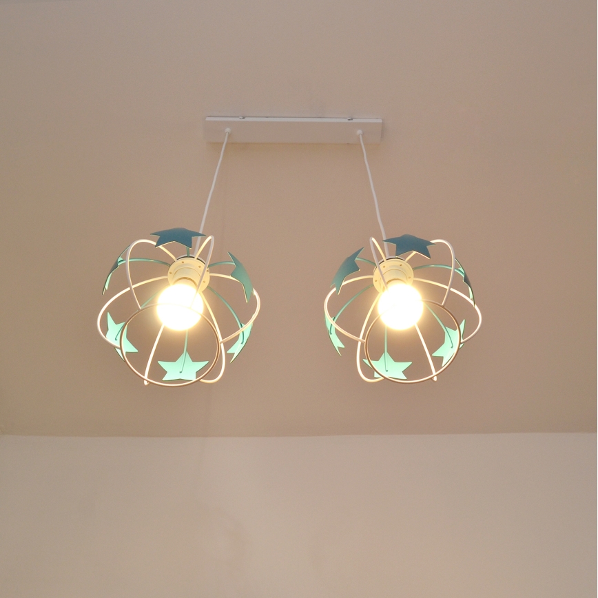 Candeeiro suspenso de criança STARS 2xE27/15W/230V turquesa/branco