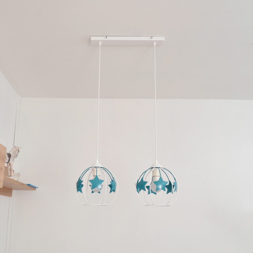 Candeeiro suspenso de criança STARS 2xE27/15W/230V turquesa/branco