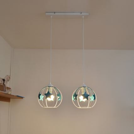 Candeeiro suspenso de criança STARS 2xE27/15W/230V turquesa/branco