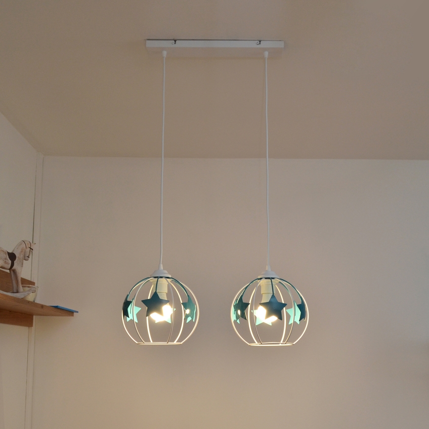 Candeeiro suspenso de criança STARS 2xE27/15W/230V turquesa/branco