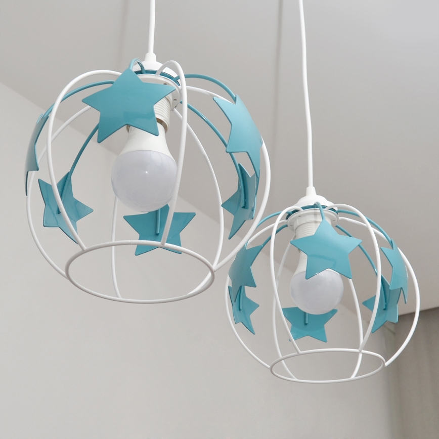 Candeeiro suspenso de criança STARS 2xE27/15W/230V turquesa/branco