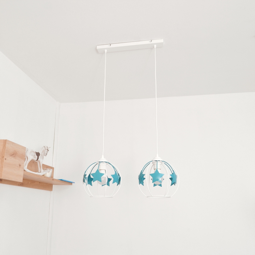Candeeiro suspenso de criança STARS 2xE27/15W/230V turquesa/branco