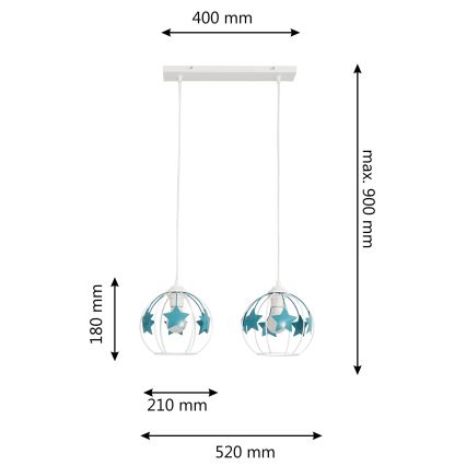 Candeeiro suspenso de criança STARS 2xE27/15W/230V turquesa/branco