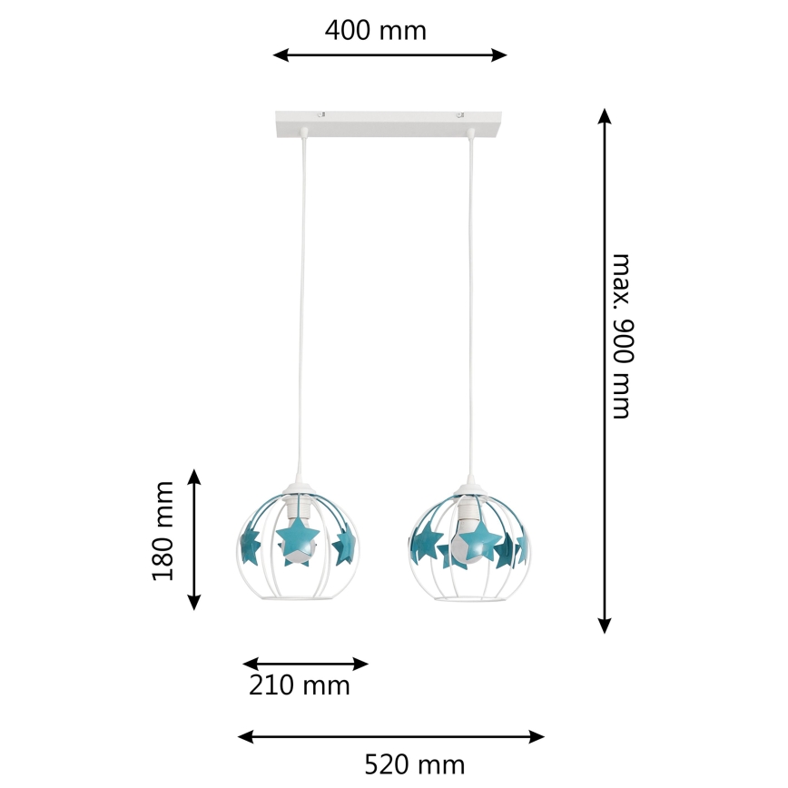 Candeeiro suspenso de criança STARS 2xE27/15W/230V turquesa/branco