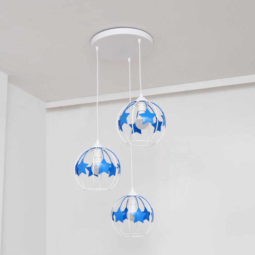 Candeeiro suspenso de criança STARS 3xE27/15W/230V azul/branco