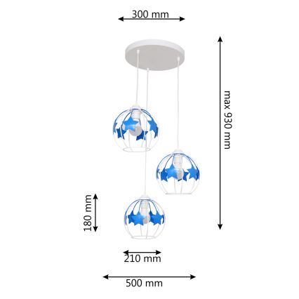 Candeeiro suspenso de criança STARS 3xE27/15W/230V azul/branco