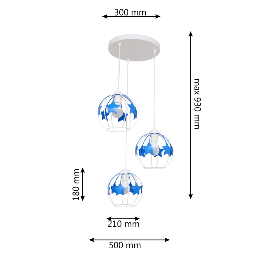 Candeeiro suspenso de criança STARS 3xE27/15W/230V azul/branco
