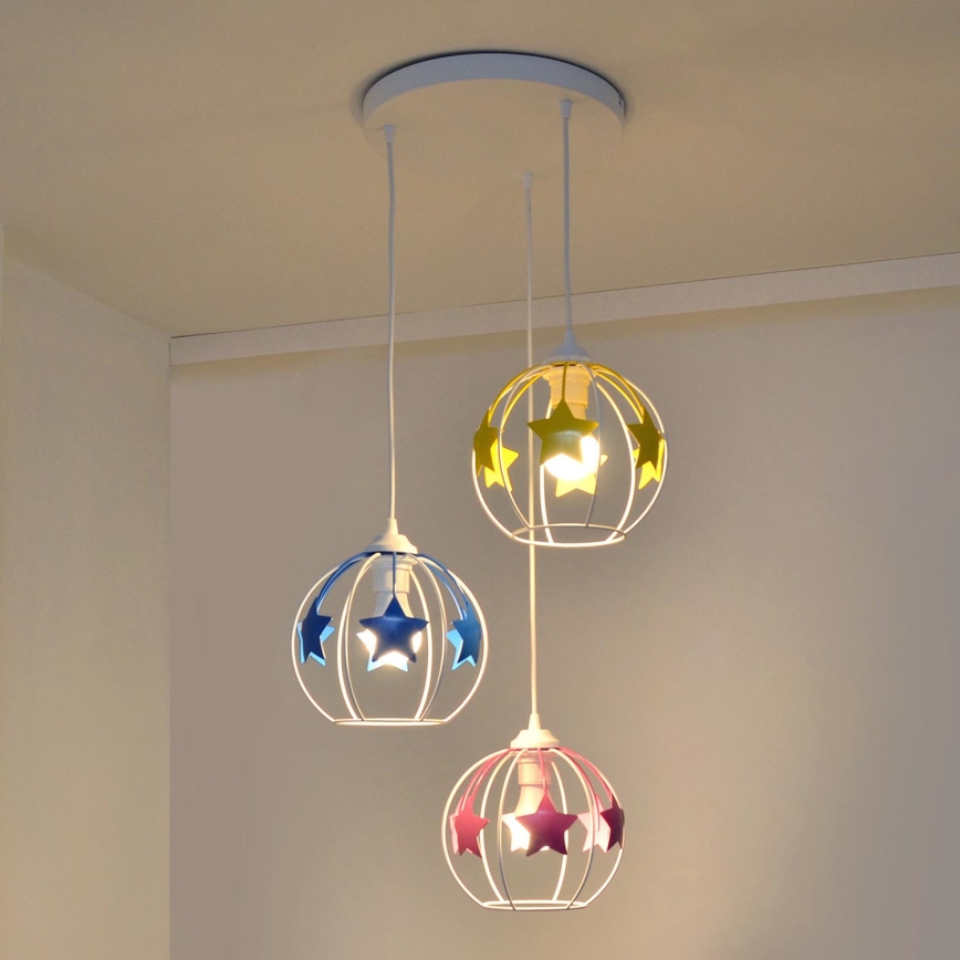 Candeeiro suspenso de criança STARS 3xE27/15W/230V azul/rosa/amarelo