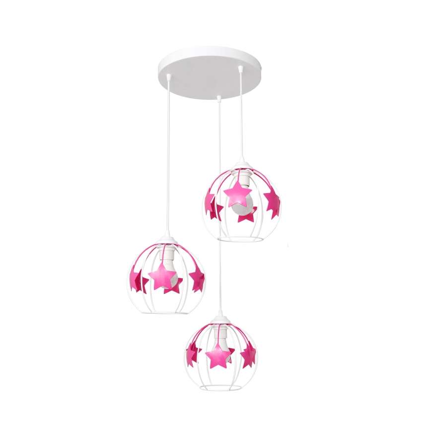 Candeeiro suspenso de criança STARS 3xE27/15W/230V rosa/branco