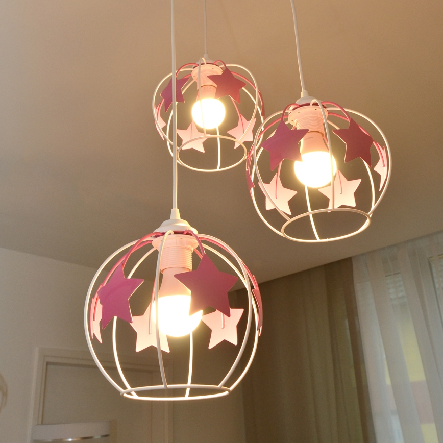 Candeeiro suspenso de criança STARS 3xE27/15W/230V rosa/branco
