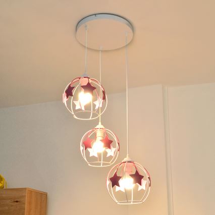 Candeeiro suspenso de criança STARS 3xE27/15W/230V rosa/branco