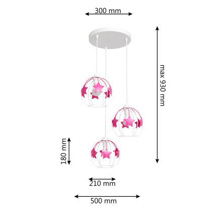 Candeeiro suspenso de criança STARS 3xE27/15W/230V rosa/branco