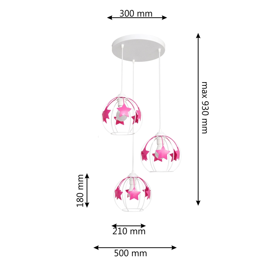 Candeeiro suspenso de criança STARS 3xE27/15W/230V rosa/branco