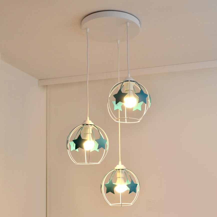Candeeiro suspenso de criança STARS 3xE27/15W/230V turquesa/branco