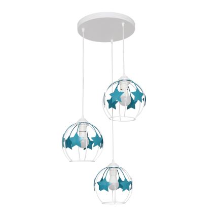 Candeeiro suspenso de criança STARS 3xE27/15W/230V turquesa/branco